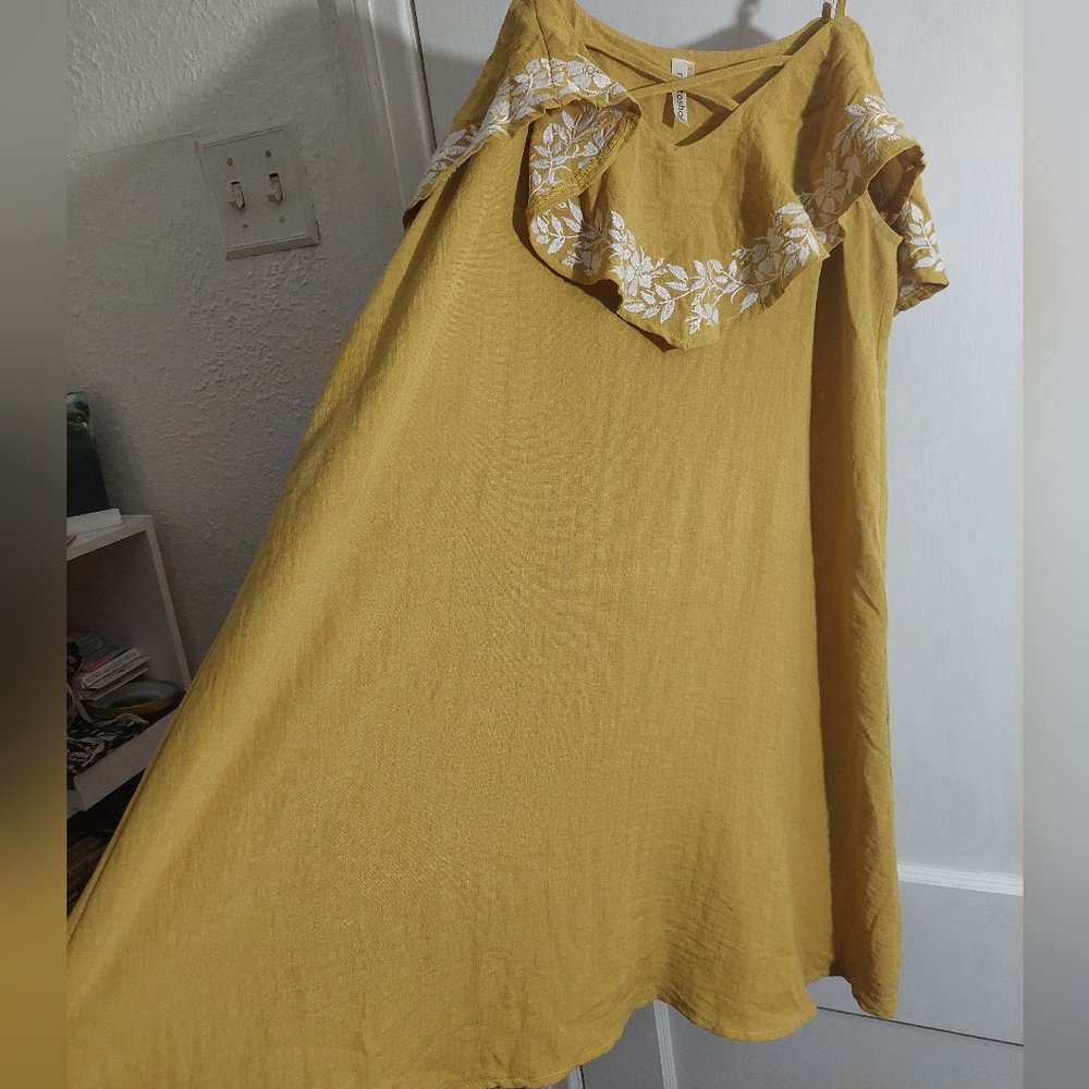 Mustard Yellow Ruffle Sleeves Lace Embroidered Dress Size Small Mottoshop Boho